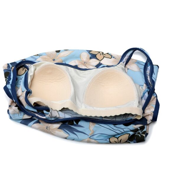 Floral Tankini Top Swimsuit Pool Beach Blue Beige White Scoop Neck Built in Bra - Picture 4 of 5